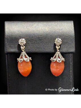 Orange Cat Eye Glass Drop Earrings Silver Tone Filigree Dangle